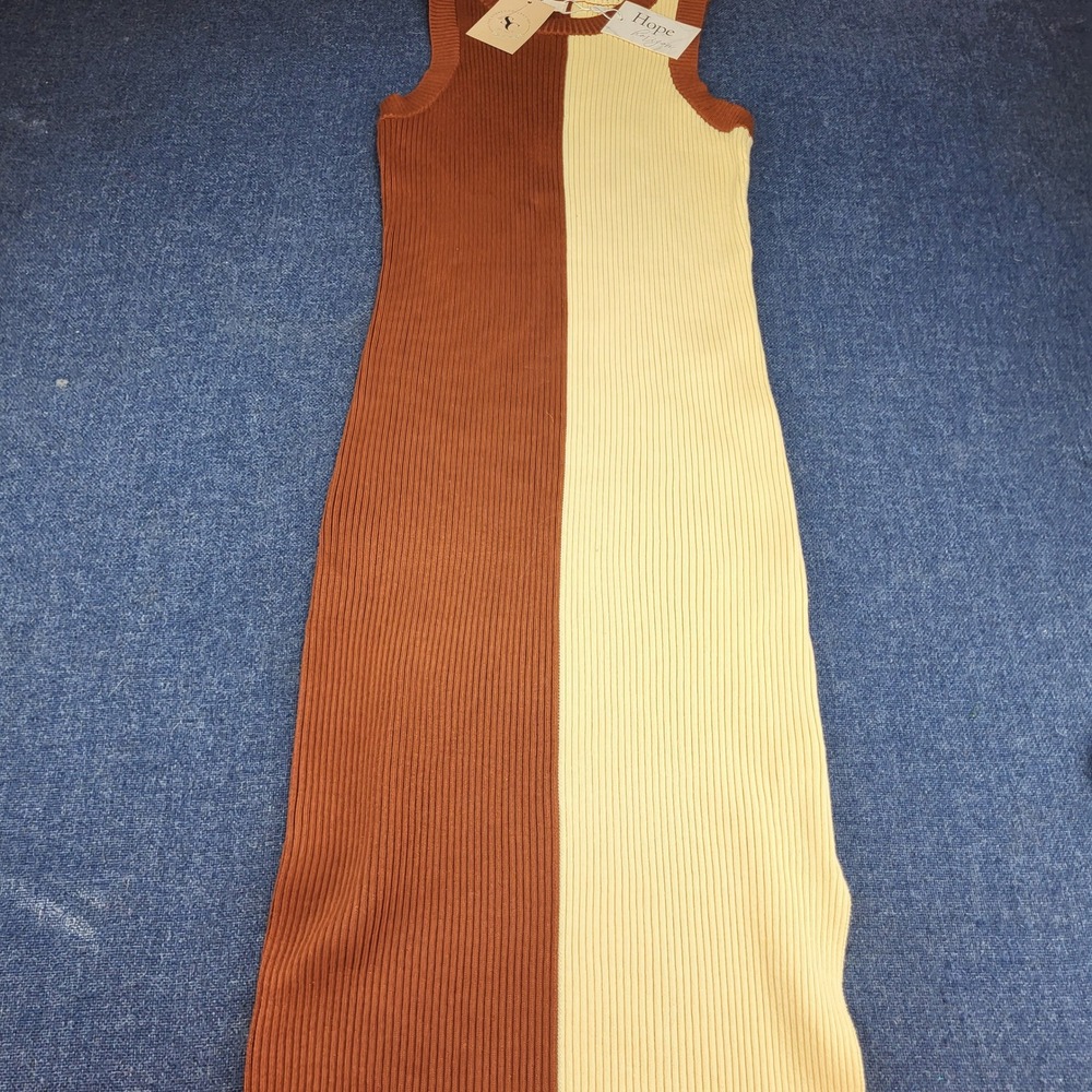 Hope Horizon Apricot Brown Color Block Ribbed Knit Sleeveless Midi Dress Large